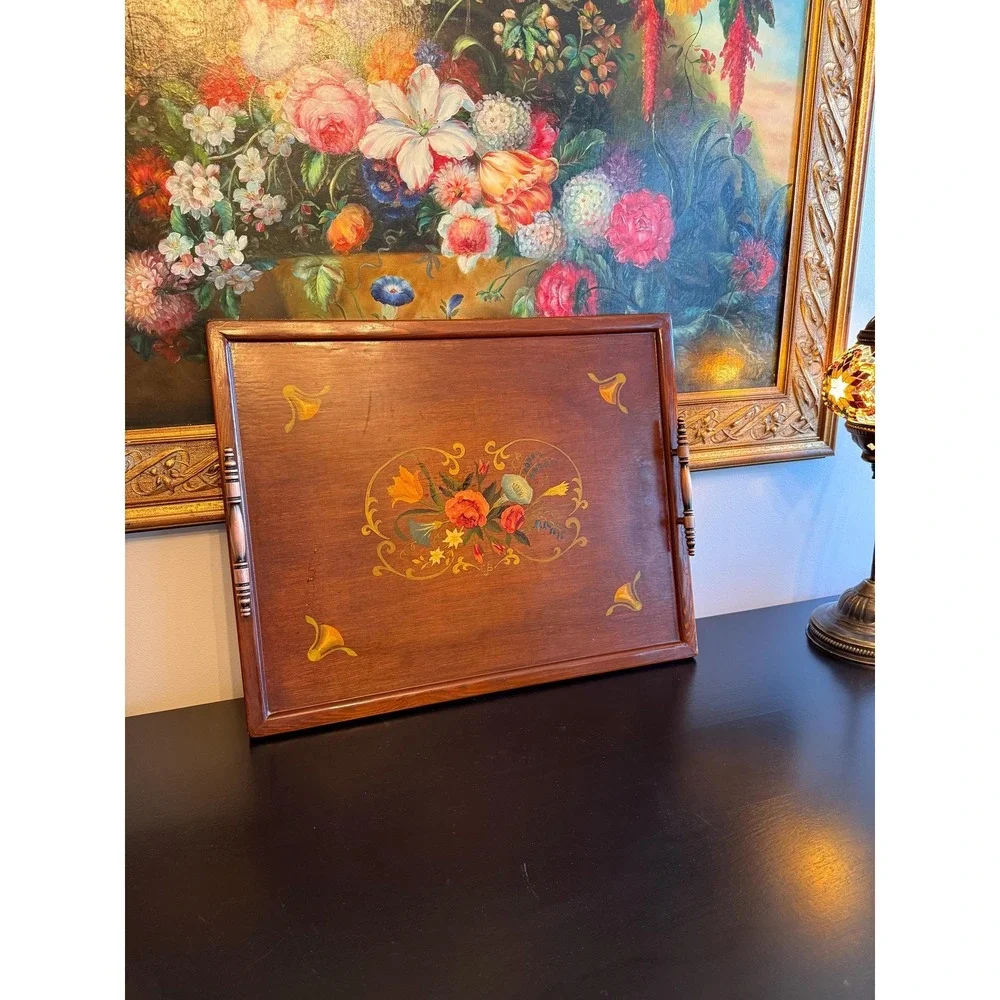 Vintage Hand Painted Floral‎ Wood Tray With Handles